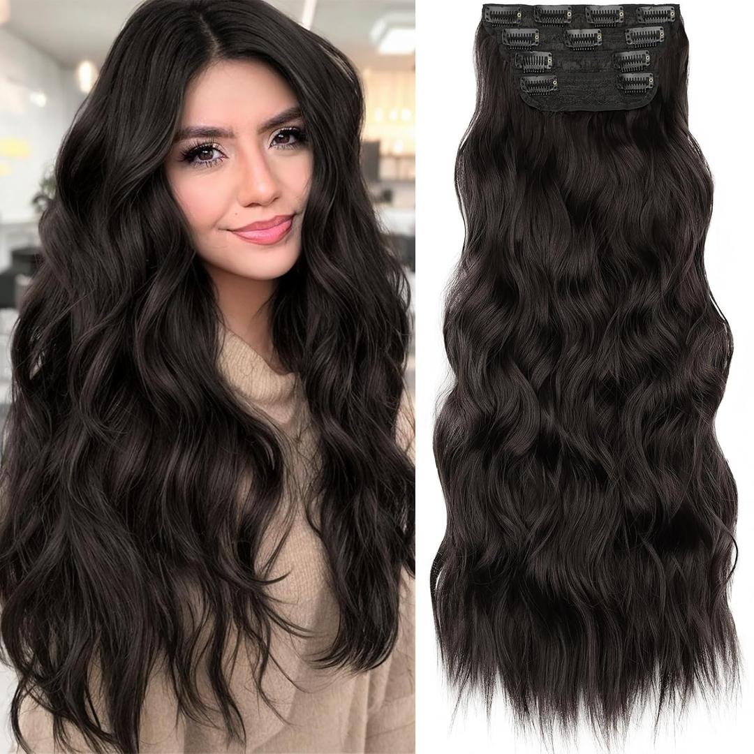 KooKaStyle Clip in Synthetic Hair Extensions Long Wavy 4PCS Thick Hairpieces Dark Brown 6# Fiber Double Weft Natural Hair Extensions 24 Inch for Women (Rich Dark Brown Silky Shine)