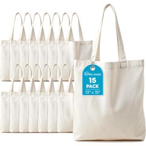 Simpli-Magic Canvas Tote Bag 13"x15" (15 Pack) – Thick Shopping Canvas Tote Bags Bulk – Blank Reusable Grocery Bags for DIY Art & Craft, Sublimation 79163 (Beige)