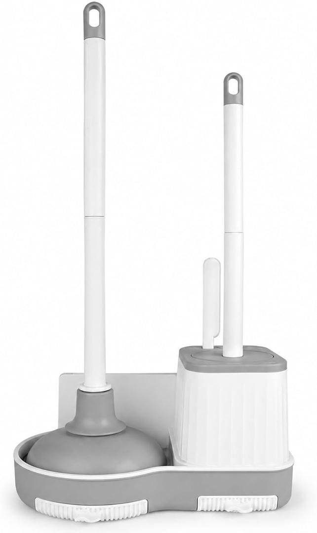 Toilet Brush and Plunger Set with Holder, 3-in-1 Bathroom Cleaning Kit, Heavy Duty Toilet Plunger, 360° Deep Cleaning Toilet Brush with Ventilated Drip Tray, Under Rim & Gap Brush
