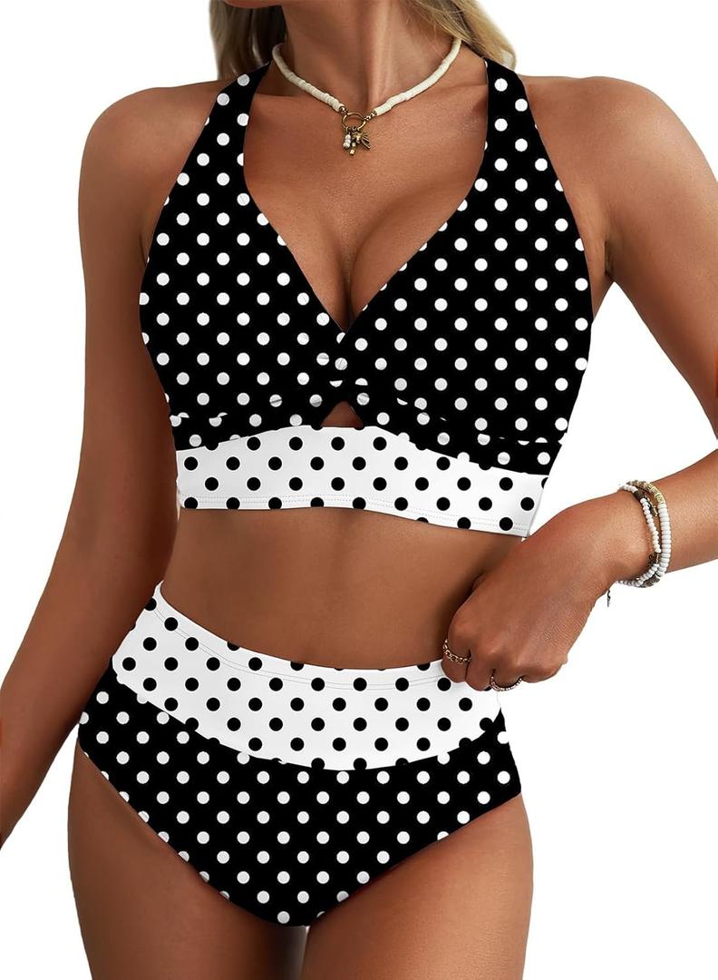 Herseas Women's Black Bikini Sets Twist Knot Cutout Top Swim Suits High Waisted Full Coverage Bathing Suit Sporty 2 Piece Sets Summer Beach Vacation Outfits Black with White Dots Medium