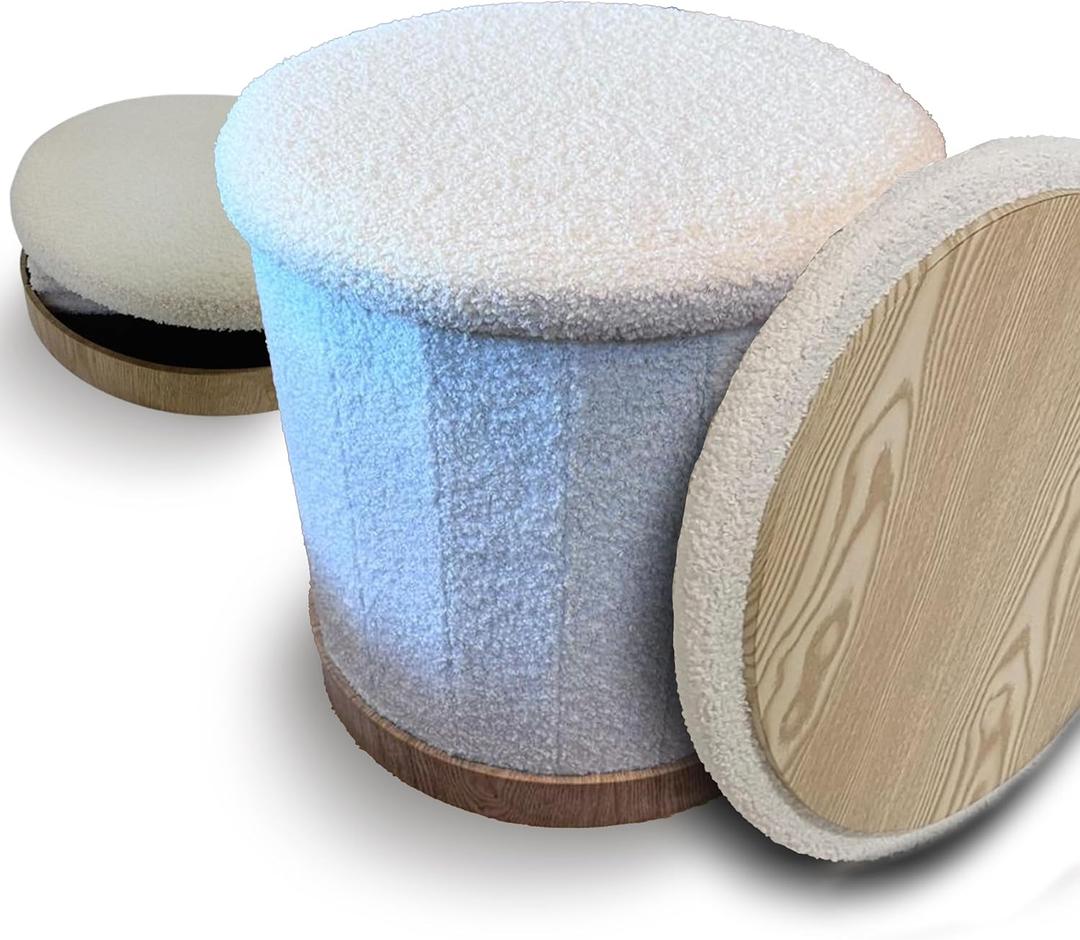 Collapsible Boucle Storage Ottoman with Lid, Multifunctional Foldable Pouf Sherpa Foot Rest Stool, Sturdy Seat with Wooden Base, Round Coffee Table for Living Room and Bedroom Storage for Dorm (White)