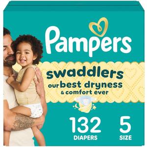 Pampers Swaddlers Diapers, Size 5 (20-37 lbs), 132 Count, Absorbent, Keeps Baby Dry and Comfortable, Skin Safe Disposable Baby Diaper (Packaging May Vary)