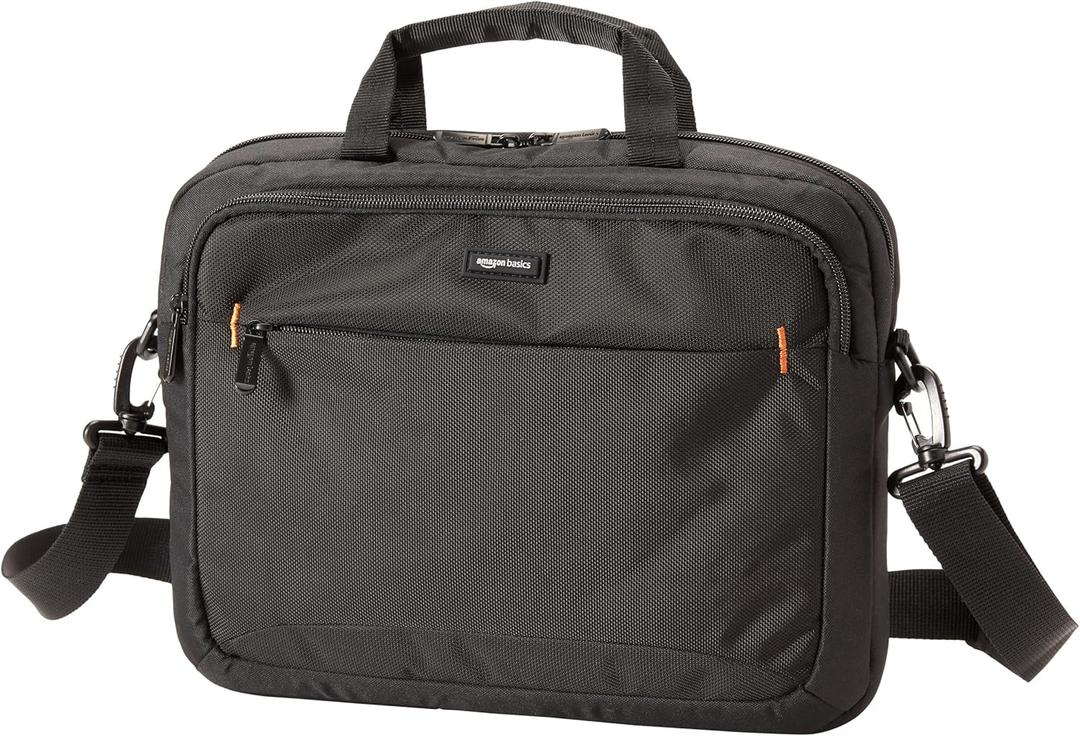 Amazon Basics Laptop Tablet Carrying Case with Shoulder Strap and Grab Handles, 14-inch, Black, Compartments for Storage