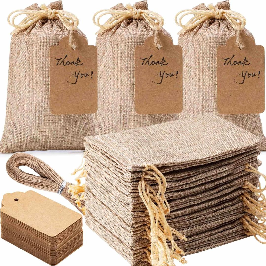 Homum 50 Pcs 4x6 Inch Burlap Gift Bags with Drawstring and Gift Tags, Linen Jewelry Pouches, Jute Bags for Christmas, DIY Craft
