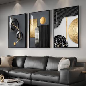 Large Framed Modern Elegant Wall Art for Living Room, 3 Piece Contemporary Luxury Prints Paintings, Black and Gold Abstract Geometric Pictures for Bedroom Entryway Home Office Wall Decor 24x36 In, 24" W x 36" H x 3Pcs