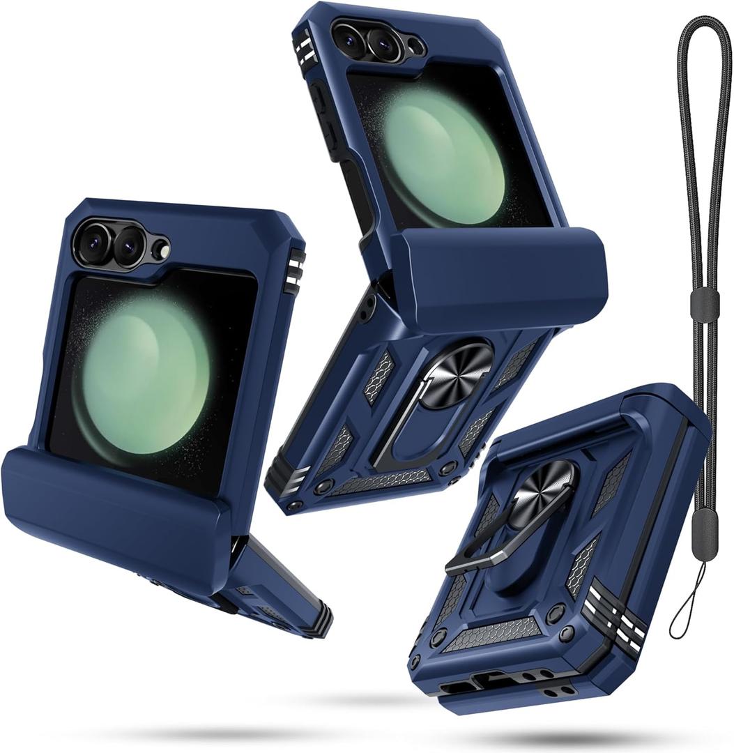 Janmitta Compatible with Samsung Galaxy Z Flip7 FE/Samsung Galaxy Z Flip 6 Case +Hinge Protection+Ring Kickstand,Heavy Duty Full Body Phone Cover with Wrist Strap Lanyard, Blue