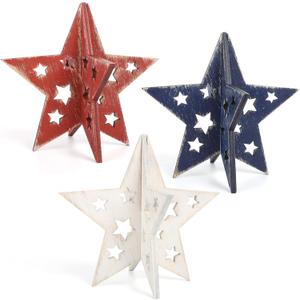 COCHIE 6 Inch Labor Day Decorations Wooden Stars Set, Vintage 3D Star Memorial Day Tiered Tray Decor, 4th of July Red White Blue Patriotic Decoration for Home Table Desk Door Shelf (Cutout Retro)