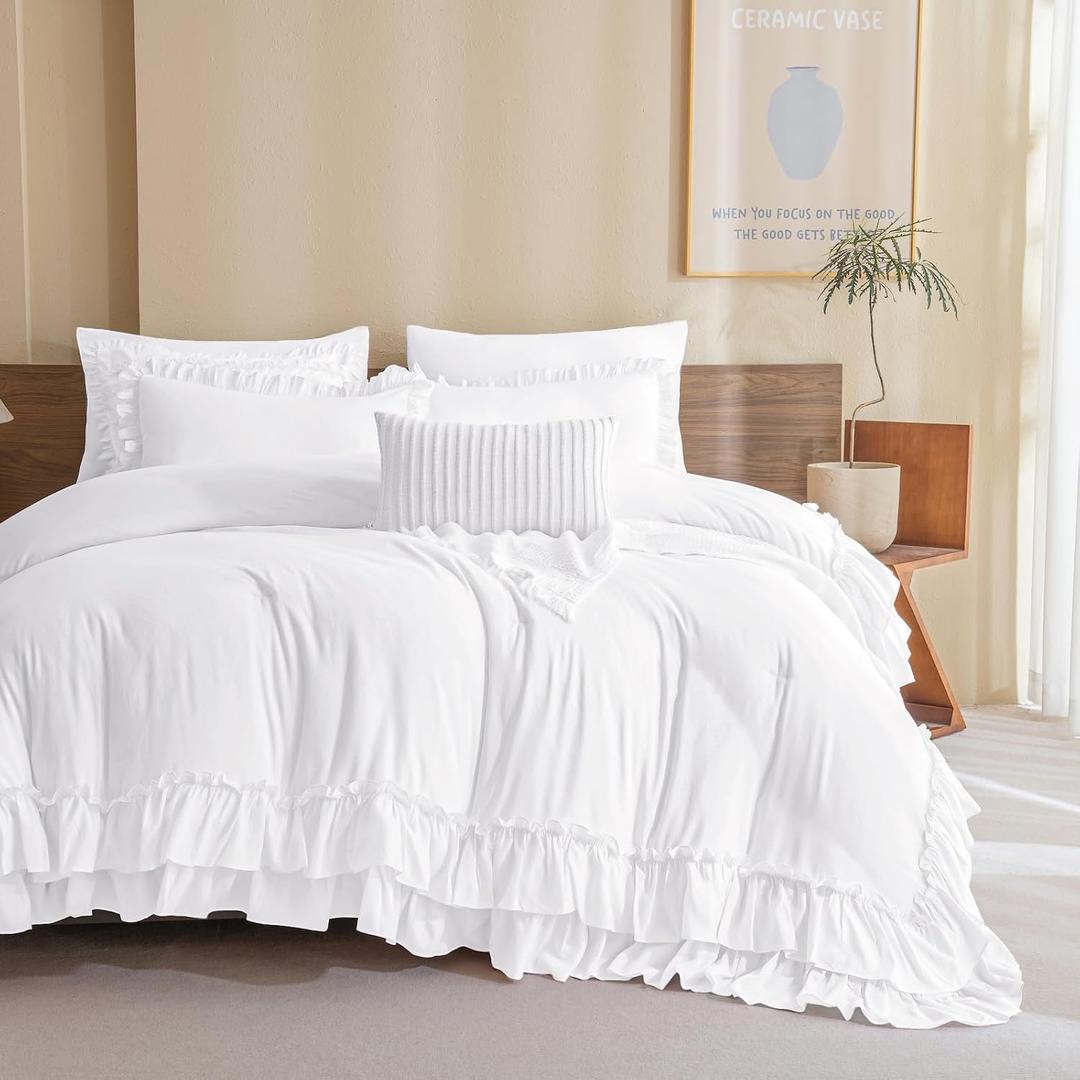 QSH Bright White Shabby Boho Chic Ruffled Comforter King Size,3PCs Farmhouse French Country Ruffle King Bed Comforter Vintage Rustic Bedding Comforter Set Ultra Soft Lightweight Microfiber Fluffy Bed