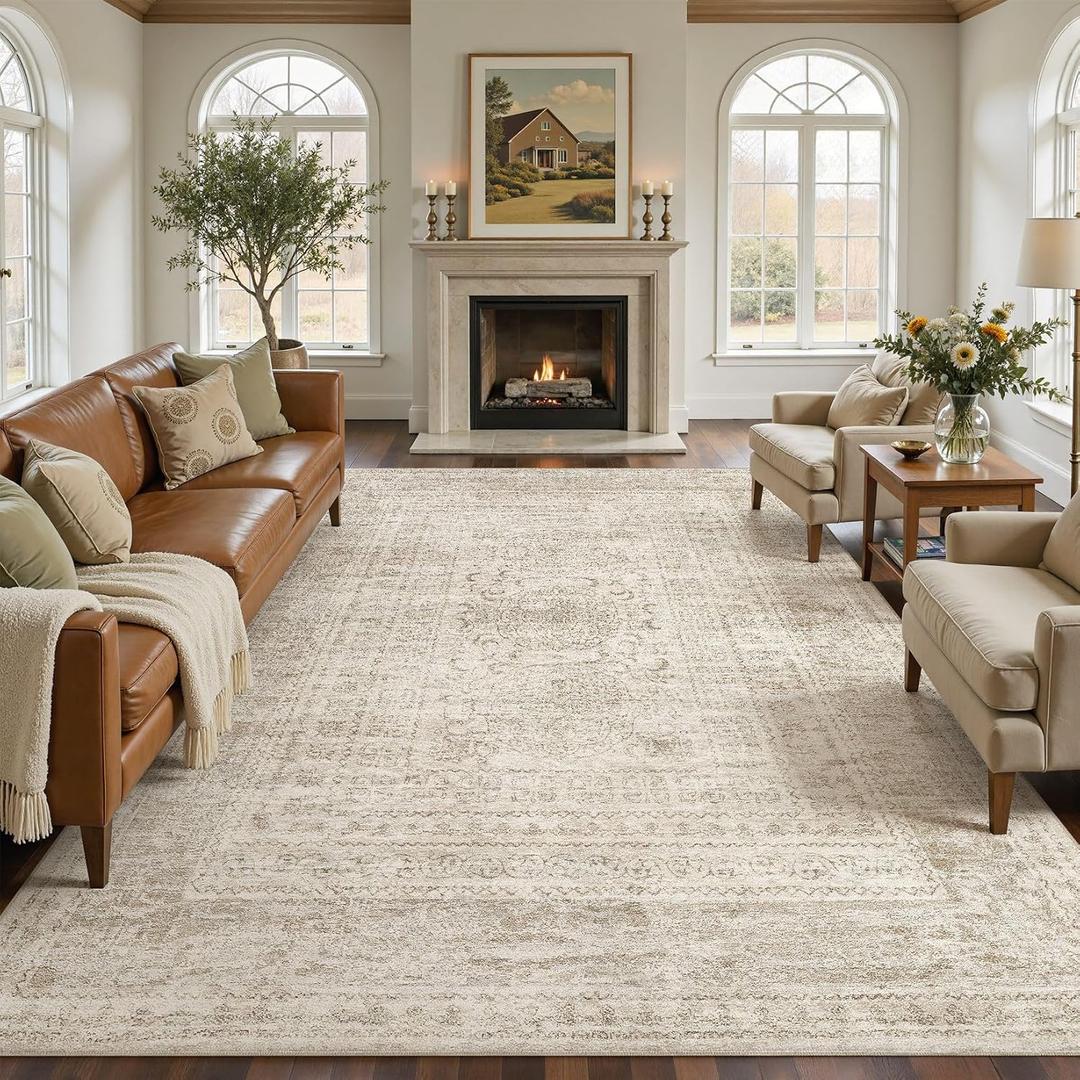 10x12 Area Rug Living Room: Washable Large Vintage Grey Rug Neutral Non-Slip Soft Stain Resistant Indoor Carpet for Bedroom Nursery Dining Room Under Table Bed Home House Office Playroom - Beige Grey