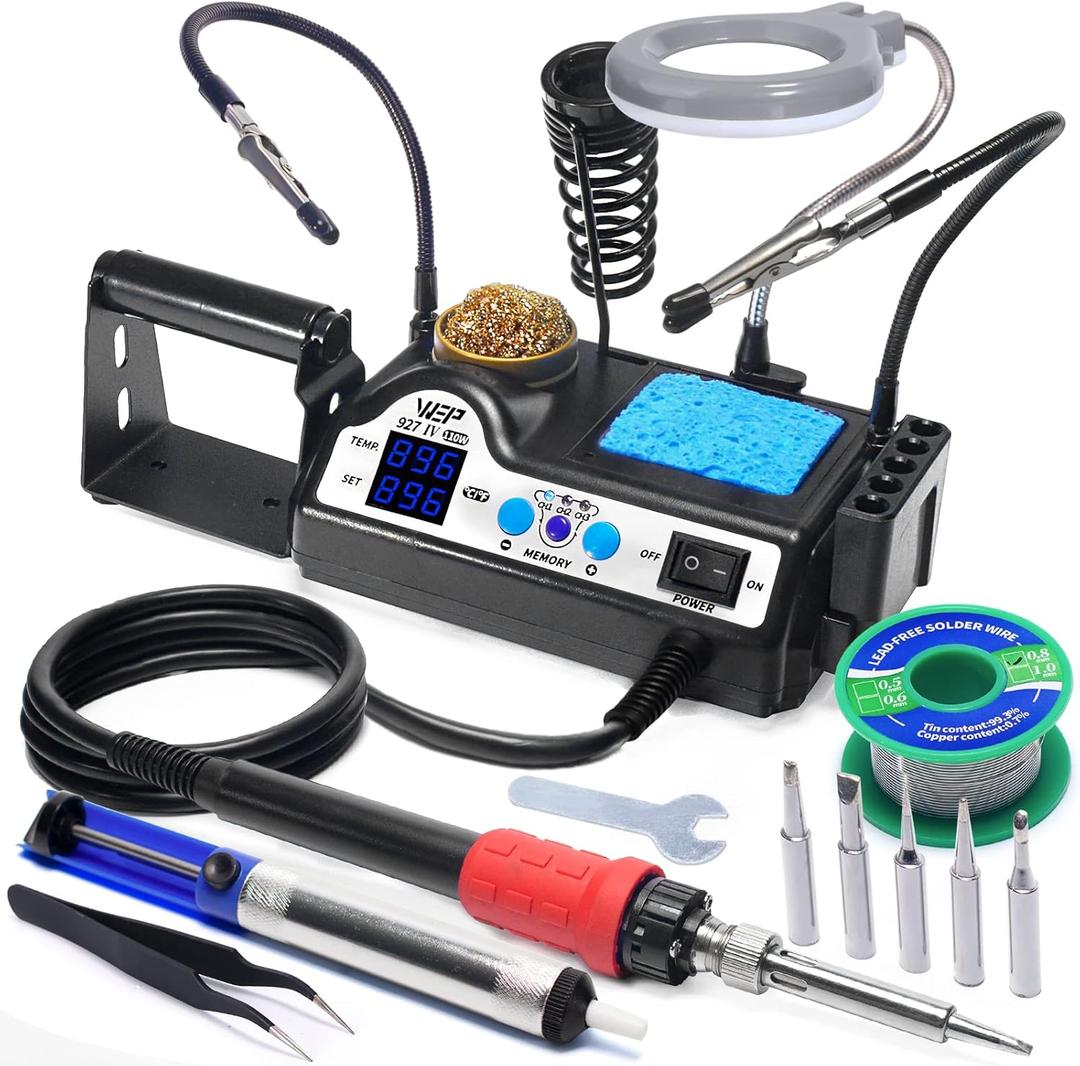 WEP 927IV Soldering Station Kit HighPower 110W with 3 Preset Channels, Sleep Mode, LED Magnifier, 5 Extra Iron Tips, Tip Cleaner, 2 Helping Hands, Tip Storage Slots, Leadfree Solder Wire, Tweezers