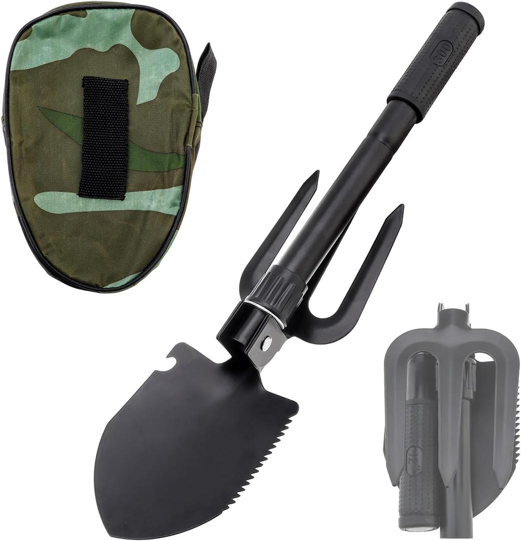 Folding Camping Shovel, 16" Survival Shovel Multifunctional Shovel Entrenching Tool for Car Emergency, Hiking, Camping, Beach with Carrying Pouch Black