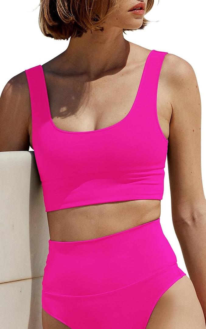 Women's High Waisted Bikini Sets Sporty 2 Piece Swimsuits Middle Cut Bathing Suits (4, Bright Pink (Only Tops))