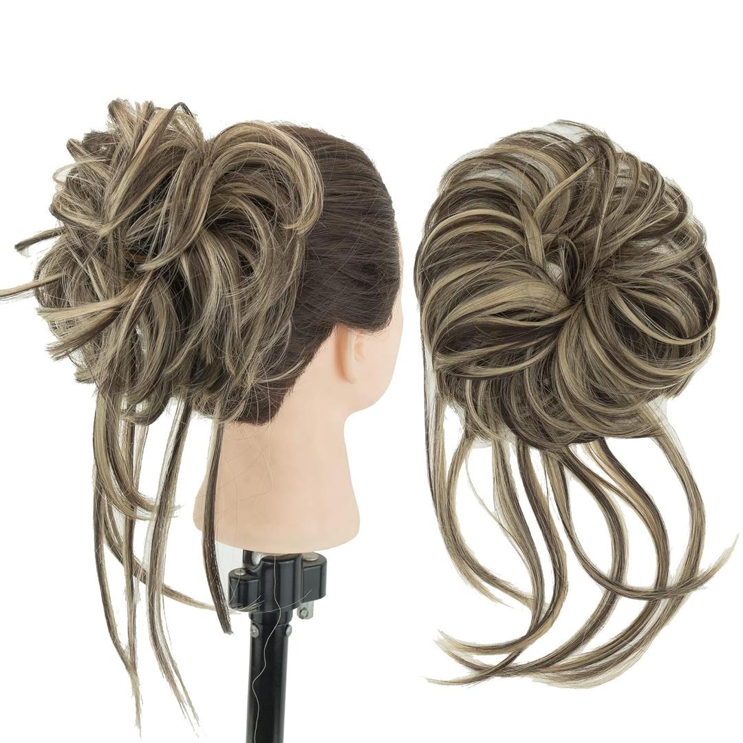 IMISSU 2PCS Messy Hair Bun Piece Updo Long Scrunchies Wrap Ponytail Extension Wavy Hairpieces Chignon Headband (2PCS Brown Blonde)