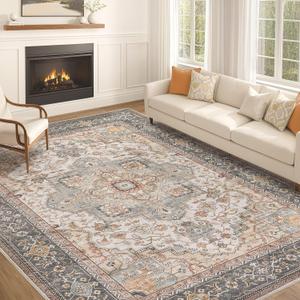 Washable Area Rugs for Living Room - 10x14 Neutral Vintage Distressed Floral Farmhouse Boho Large Soft Floor Rug Indoor Non Slip Carpet for Bedroom Dining Room Office - Forest Green Orange