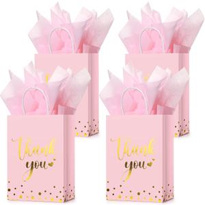 Tinlade 30 Pcs Thank You Gift Bags with Tissue Paper Gold Thank You Wedding Bags with Handle for Graduation Business Shopping Wedding Shower Party Favors(Pink)