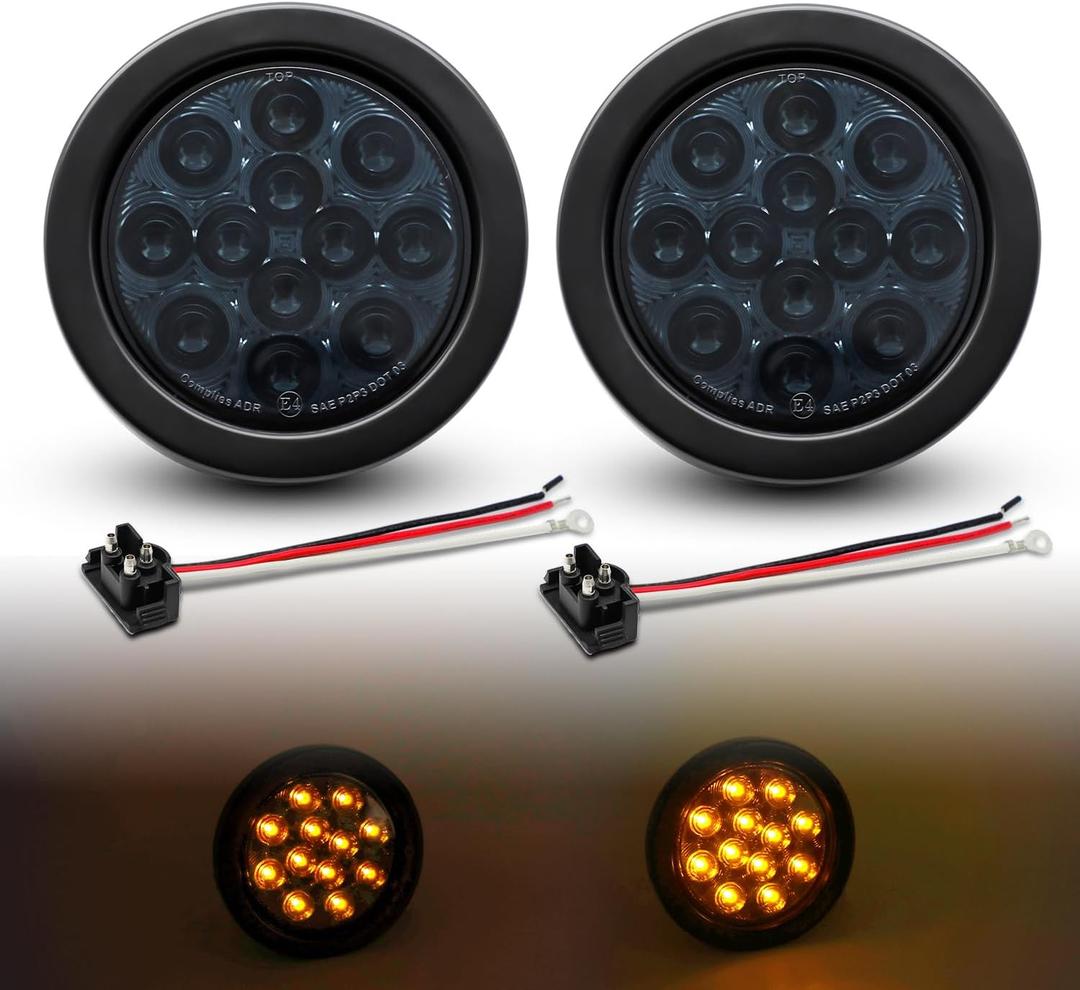 TMH 2pcs 4 Inch 12 Super Bright LED Tail Turn Signal Indicator Light Marker Smoked Lens Amber Assembly Rubber Mount Grommet for Trucks Trailers