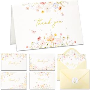 Crisky Floral 4 Assorted Thank You Cards (50 Pack) with Envelopes & Stickers Greeting Cards Bulk, Watercolor Delicate Wildflower for Birthday, Baby Shower, Wedding, Graduation