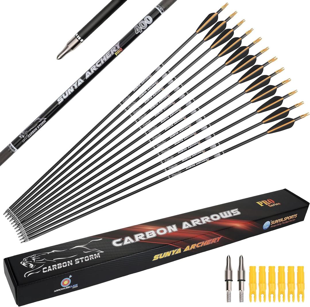 SUNYA 12-Pack 30 Inch Carbon Arrows Spine 500 or 400 for 40-60 LBS BowsSwitch to Recurve/Compound Modes, Anti-Loose O-Ring & TPU Vanes for Hunting/Target Practice