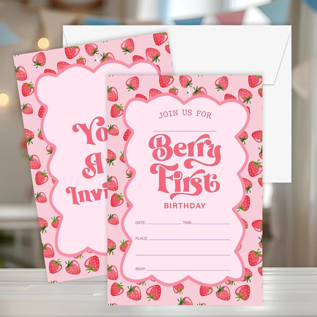 3 x Birthday Invitations, Strawberry Birthday Invites for Girls Boys, Berry First Party Decorations with Envelopes Supplies Favors - A07