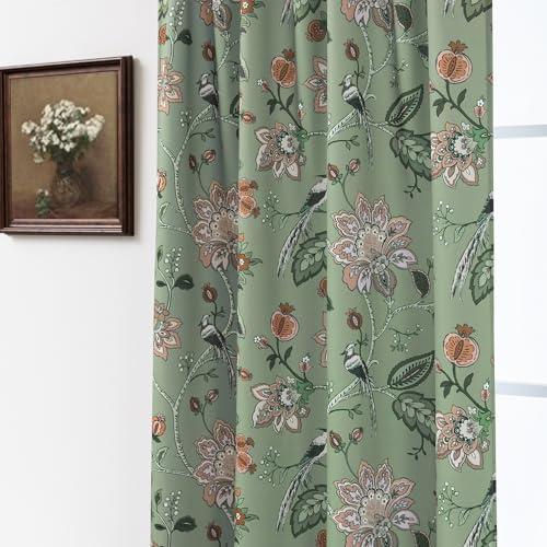 Green and White Curtains 96 Inches Long 2 Panel Set for Bay Window,70% Blackout Eclectic Art Nouveau Print Floral Patterned Cool Ceiling to Floor Length Curtain Drapes for Living Room Sunroom