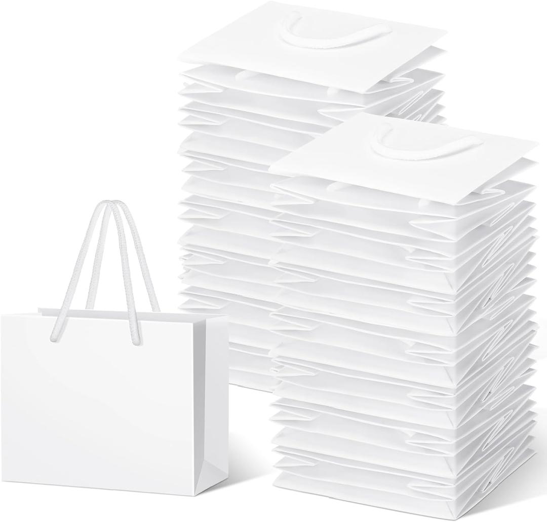 Honoson 100 Pcs Thicken White Mini Gift Bags with Handles, 3.9 x 4.7 x 2.4 Inch Small Paper Goodie Shopping Bags for Small Business Party Wedding Gift Wrap Valentine
