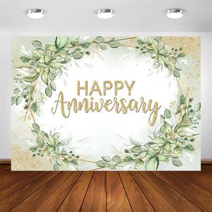 Avezano Happy Anniversary Backdrop - Sage Green Leaves Banner - Cheers to Marriage Wedding Party Decorations - Memorial Portrait Photo Booth Background (7x5ft)