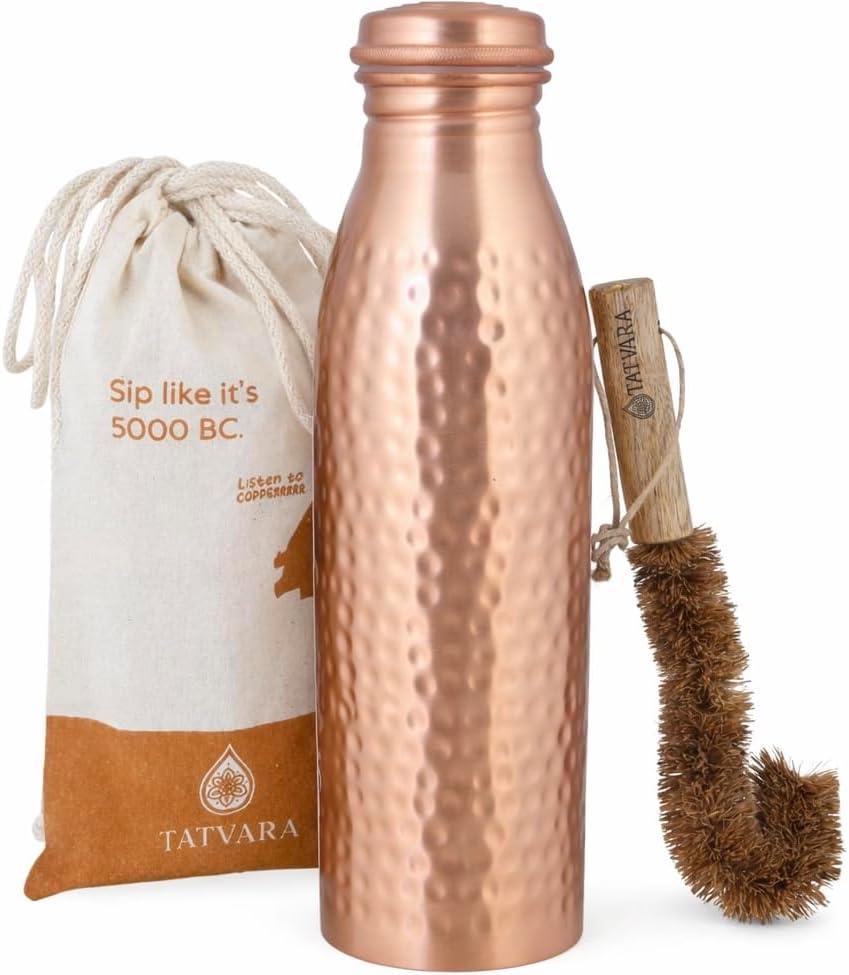 100% Pure Copper Water Bottle 32 oz / 950 ml - Leak Proof Bottle with Gift Pouch, Handmade Hammered Design, BPA Free Reusable Bottle with Cleaning Brush for Yoga Gym Travel