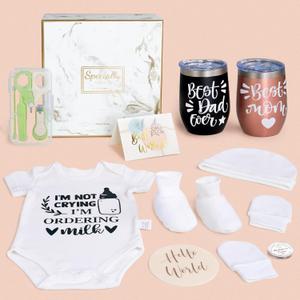 10Pcs Gender Reveal Gift, Baby Shower Gift Basket for New Parents to Be & First Time Expecting Parent Mom and Dad. Newborn Essentials Box, Pregnancy Announcement Gift Ideas