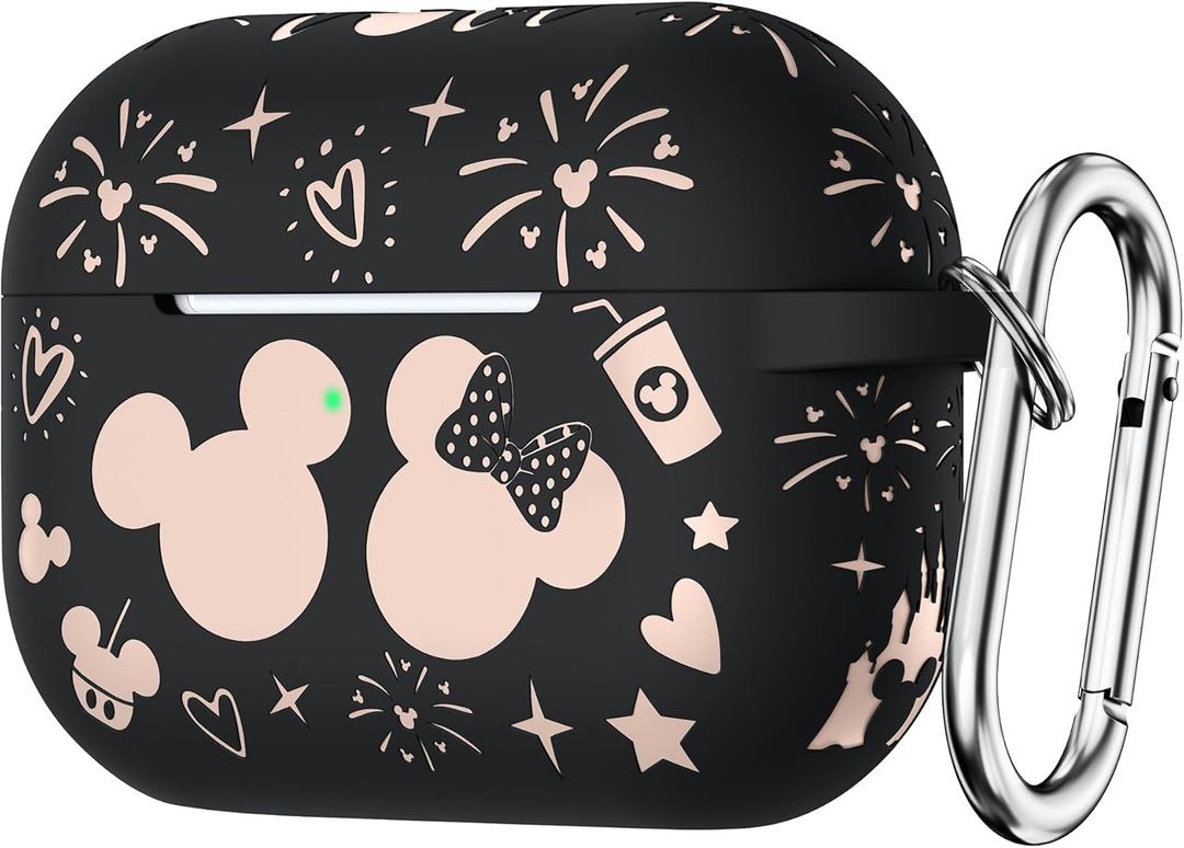 Compatible with Airpods Pro 2nd/1st Generation Case Cover with Keychain, Women Men Soft Silicone Two-Tone Cute Cartoon Engraved Convenience Protective Case, Front LED Visible Black/Pink