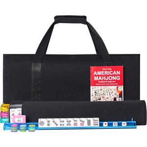 American Mahjong Game Set, 166 Premium White Tiles, 4 All-in-One Color Rack/Pushers, Classic Complete Mahjong Tile Set with Black Carrying Bag, 1.2 0.9 0.5