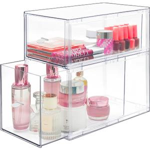 Homecor Clear Makeup Organizer Set of 2, Large Bathroom Storage Drawers, Cosmetic Storage for Vanity Dresser Countertop, Beauty Holder for Lipstick Brush Skincare Valentine's Day Gifts for Her(L+M)