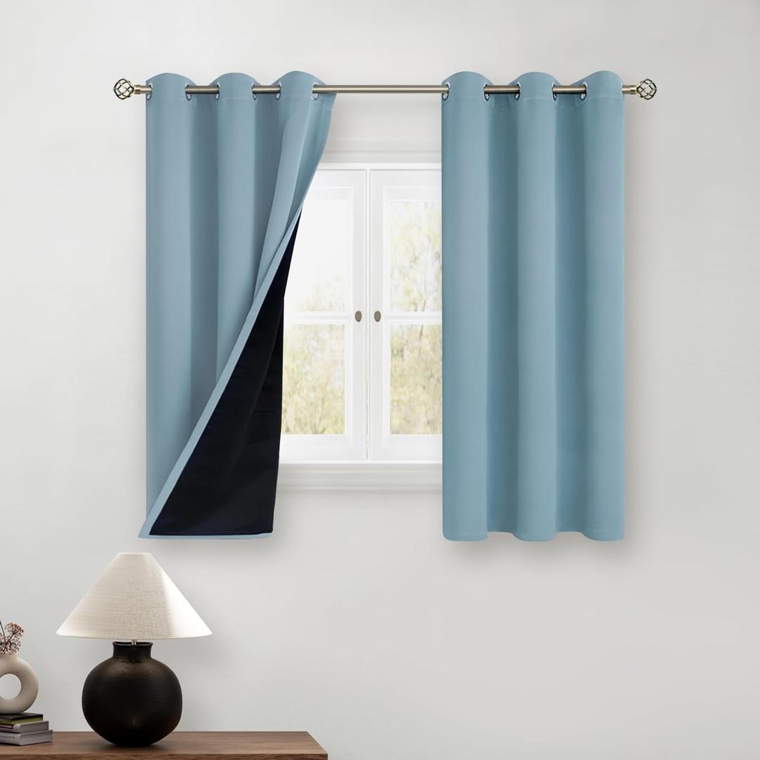 BGment Short 100% Blackout Curtains for Bedroom, Thermal Insulated Lined Energy Efficiency Noise Reducing Grommet Curtains 45 Inch Length for Small Window 2 Panels Each 42 Inch Wide, Greyish Blue