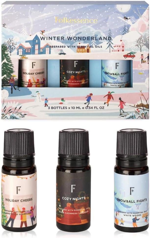 Folkulture Christmas Essential Oils | Pack of 3 Essential Oil Set for Diffusers for Home, Aromatherapy, Christmas Gifts | White Woods, Cashmere, Lavender Scents  Winter Wonderland