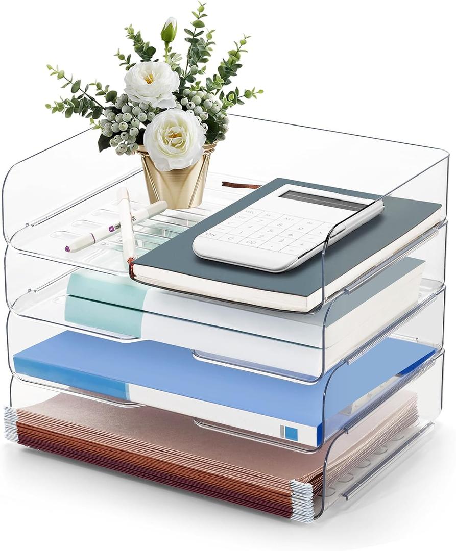 Desk Organizer and Storage,4-Tier Paper Letter Tray Organizers,Stackable Clear Desktop Organizer for Documents,Book Magazine Storage,Office Supplies, (Clear,4 Pack) (4 Count (Pack of 1))