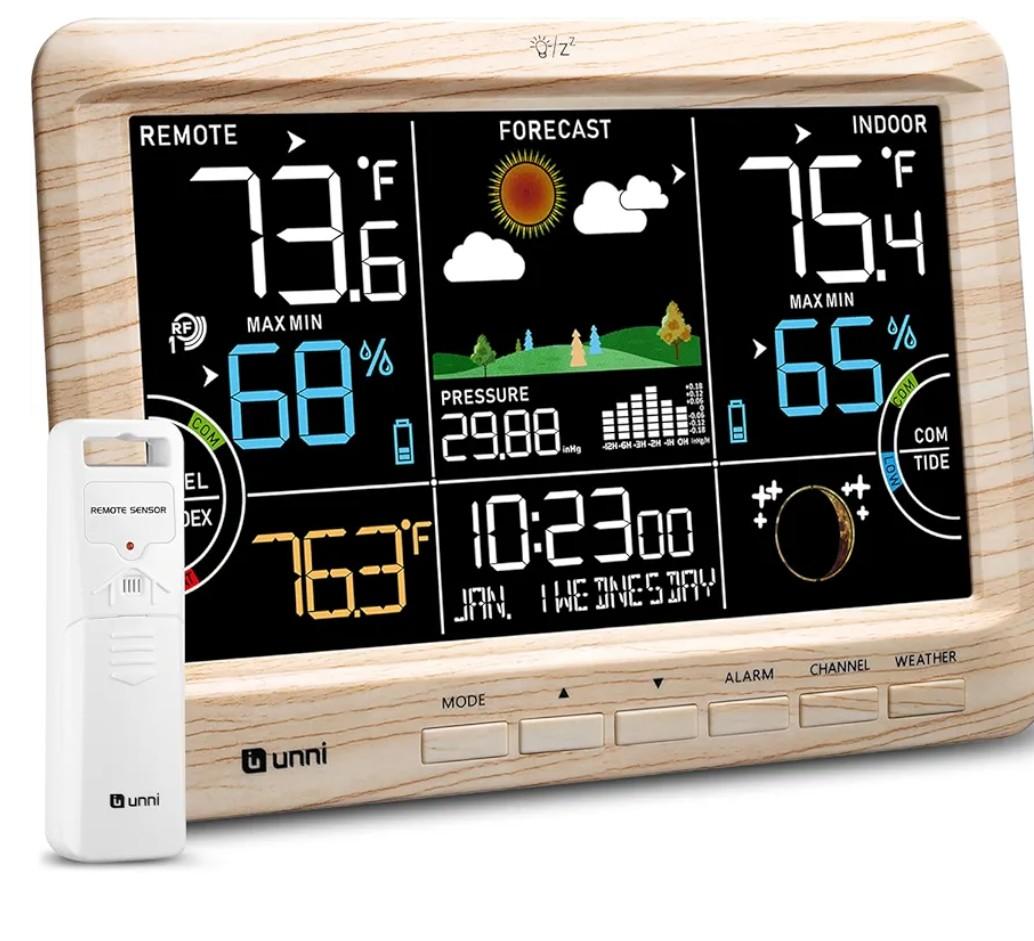 Weather Station Indoor Outdoor Thermometer Wireless, Home Atomic Clock with Large Constant Display, Inside Outside Temperature Humidity Monitor, Dew Heat Point, Barometer Wood
