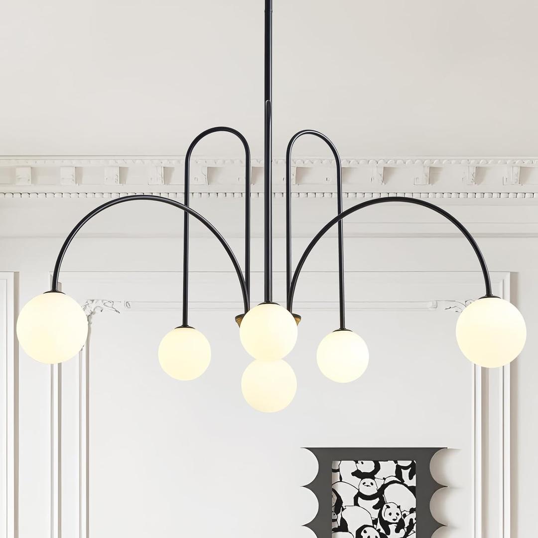 HCCZ Modern Black Sputnik Chandelier 6Light Mid Century Chandelier for Dining Room with Milky Glass Globe Ceiling Pendent Light Fixture for Living Room Kitchen Island Foyer Bedroom