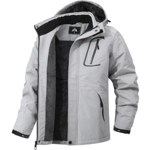 Men's Mountain Winter Coat Warm Fleece Ski Snow Jacket Waterproof Raincoat with Hood (X-Large, Light Gray)