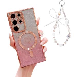 Designed for Samsung S25 Ultra Case Magnetic Glitter with Wrist Strip Compatible with MagSafe, Luxury Plating Heart Shockproof Protection Phone Case Clear Cover for Women Girls - Pink