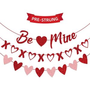 Valentine's Day Decorations - 3-Pack Pre-Strung Be Mine & XOXO & Heart Glitter Banners, No DIY Required, Romantic Decor for Home Classroom Office Wedding Party Anniversary