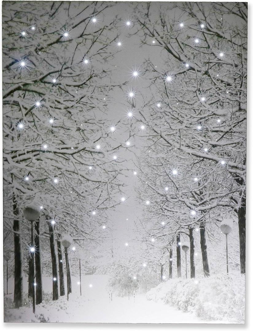 Clever Creations 16 x 12 Inch Christmas LED Wall Canvas Art Home Decor, Light Up Battery Operated Snowy Winter Scene, Winter Path