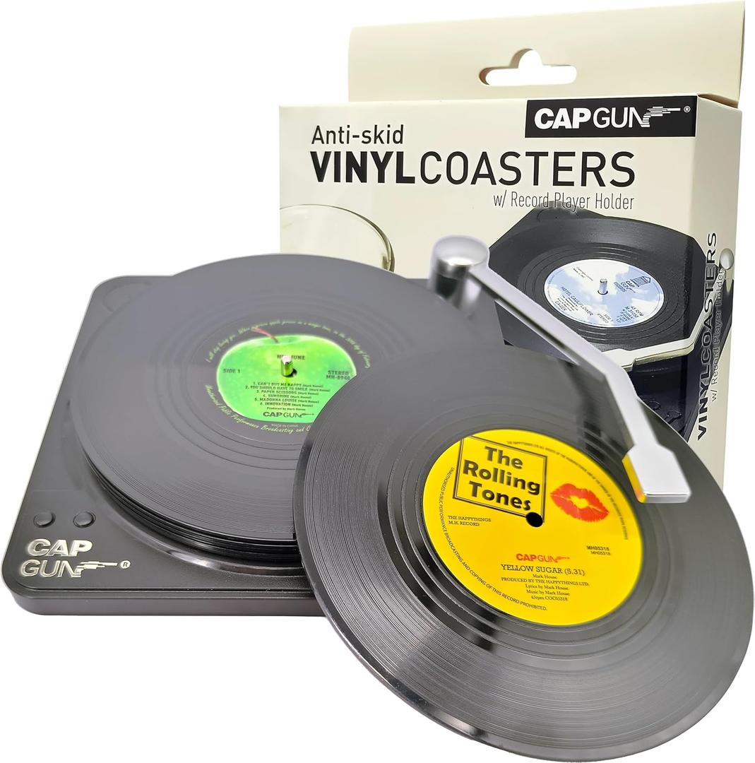 6 x Funny Retro Vinyl Record Coasters, Creative Drink Coasters Set of 6 with Vinyl Record Player Holder for Music Lovers, Housewarming Hostess Gifts, Birthday and White Elephant Gifts Ideas