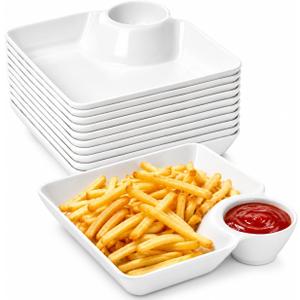 20 Pack Chips and Dip Serving Plates, White Reusable Divided Snack Trays with Sauce Compartment, Plastic Appetizer Dishes for Salsa, Sushi, Dumplings, Tacos, Fruit, Charcuterie and Party Serving, Medium