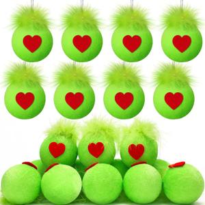 HyDren 16 Pcs Christmas Lime Green Velvet Balls for Tree 2.4 Inch Flocked Green Hanging Ornaments with Red Heart Decorations Xmas Round Pom Pom Balls for Indoor Home Decor Holiday Party Supplies