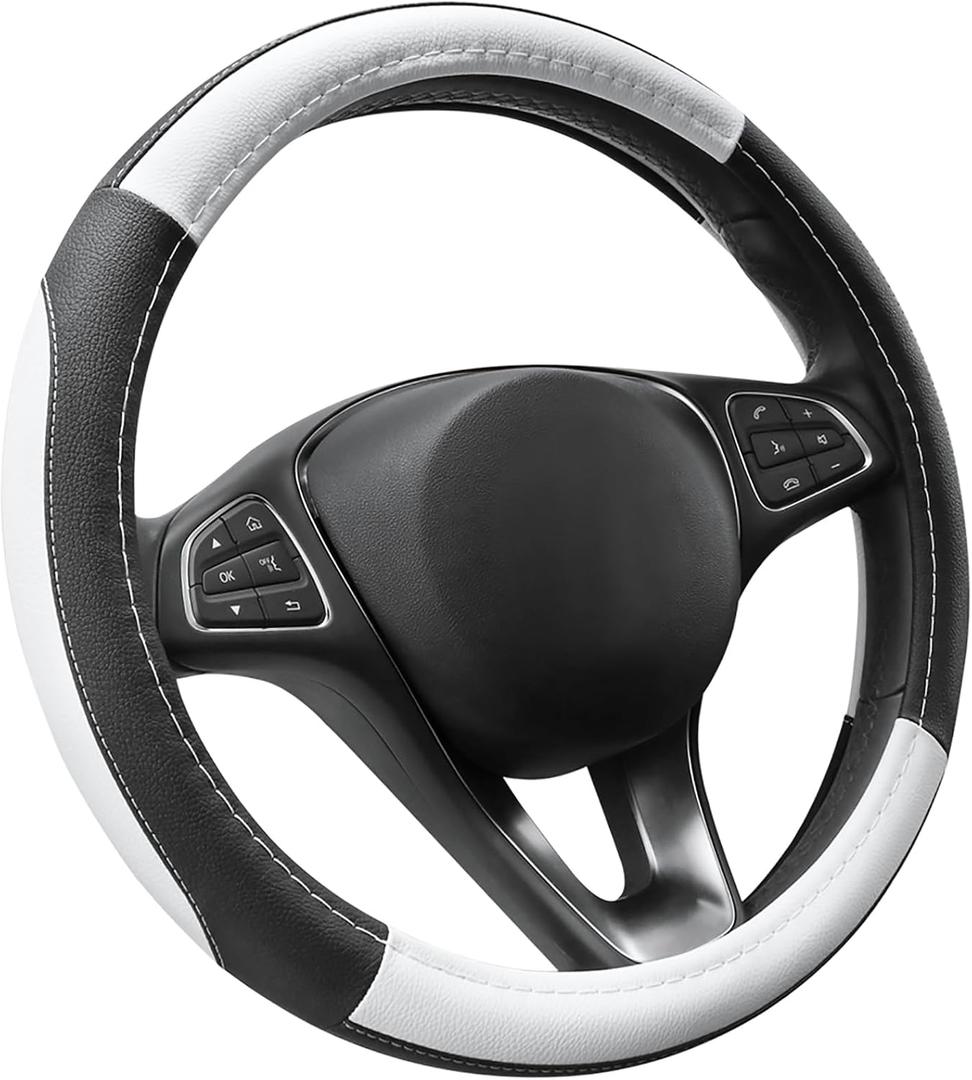 SEG Direct Car Steering Wheel Cover Universal Standard Size 14.5-15 inch, Black and White Microfiber Leather