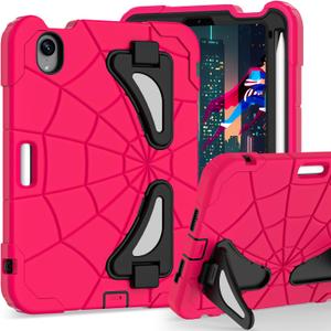 Kids Case for iPad mini 7 A17 Pro 2024/ Mini 6 8.3 inch, Spider Case for iPad mini 7th 6th Generation, Shockproof Durable Full Protective Cover with Pencil Holder, Kickstand (Rose red+Black)