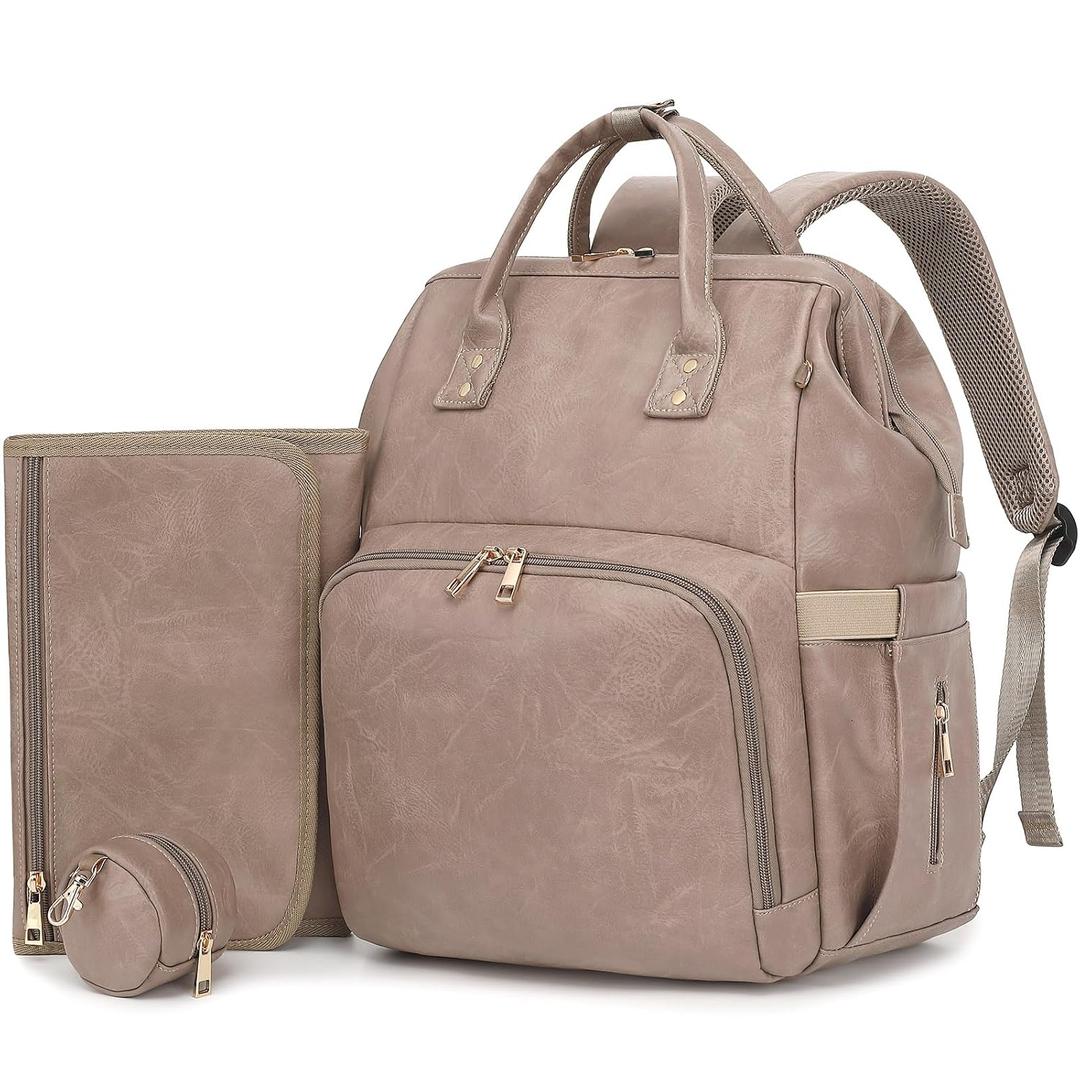 Premium Vegan Leather Diaper Bag Backpack with Waterproof Changing Pad  Reinforced Stitching & Zippers, Baby Bag for Boy Girl, Stroller Straps, Ergonomic Design for Traveling Moms, Taupe