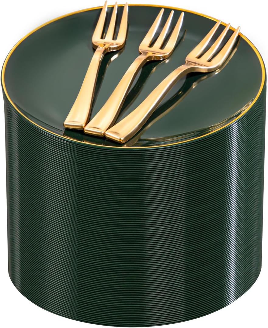 Festiva 200Pcs Green Dessert Plates 6.3" with Plastic Forks 5"- Small Disposable Plates- Dessert/Cake/Appetizer Plastic Plates include 100Plates 100Forks for Christmas Party&New Year (Emerald Green Gold)