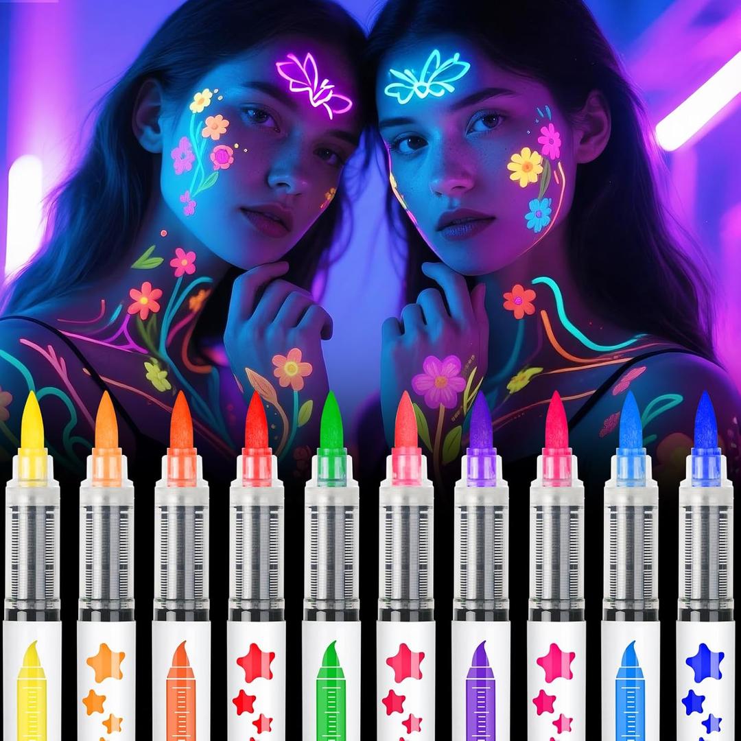 nsxsu Glow in The Dark Face Paint Markers 10 Color, Neon Body Paint Pens for Skin Fluorescent Under Black Light, Washable UV Temporary Tattoo for Birthday Glow Party Supplies Makeup Stocking Stuffers