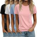 Ficerd 4 Pack Women's Cotton T Shirts Casual Short Sleeve Tunic Tops Crewneck Plain Summer Loose Fit Rolled Sleeve Basic Tee (Large, Black, White, Macaron Blue, Light Pink)