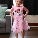 Disney Princess Frozen Elsa Minnie Stitch Toddler Girl Tulle Tutu Dress Ruffle Sleeve Mesh Summer Birthday Party Clothes 6-7Y (Pink)